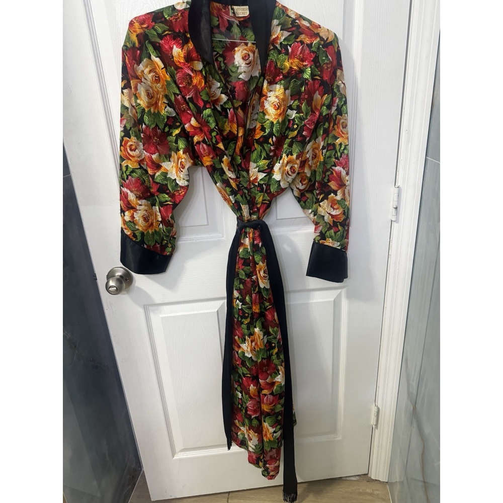 Vintage Victoria's Secret Gold Label Floral Satin Robe Womens P/S Long Belted